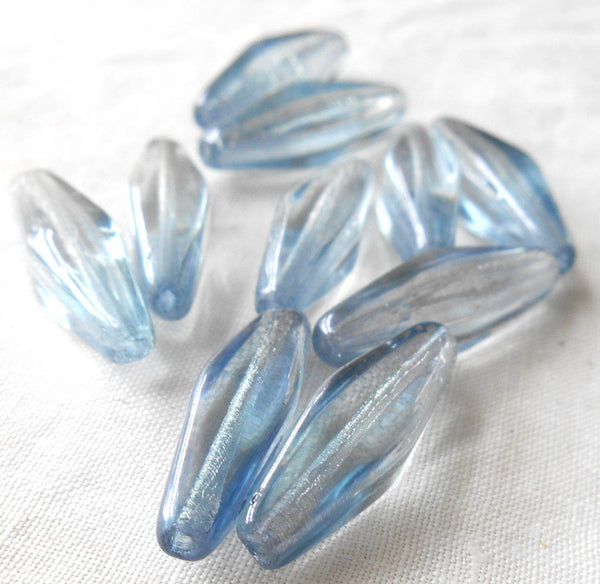 Ten Baroque Lumi Blue long glass lantern, tube beads, 24 x 9mm, C0601 - Glorious Glass Beads