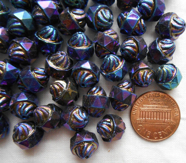 Ten Czech glass multicolored Blue iridescent Iris antique cut turbine, cathedral, saturn beads, 11 x 10mm, C5901 - Glorious Glass Beads