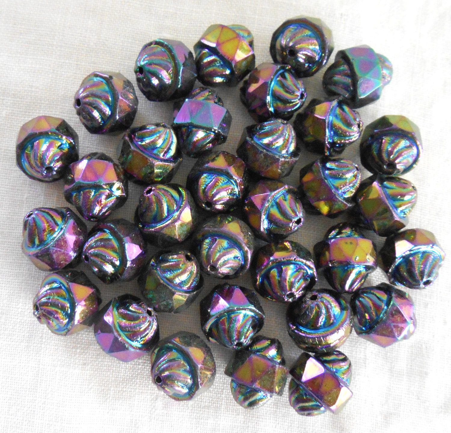 Ten 11 x 10mm Czech Purple Iris turbine, cathedral, saturn beads, purple  multicolored iridescent Czech glass beads C5901 – Glorious Glass Beads