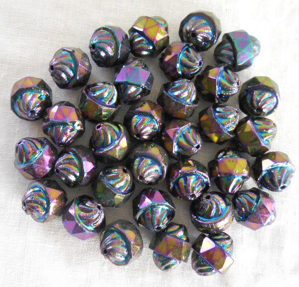 Ten Czech glass multicolored Purple iridescent Iris antique cut turbine, cathedral, saturn beads, 11 x 10mm, C5901