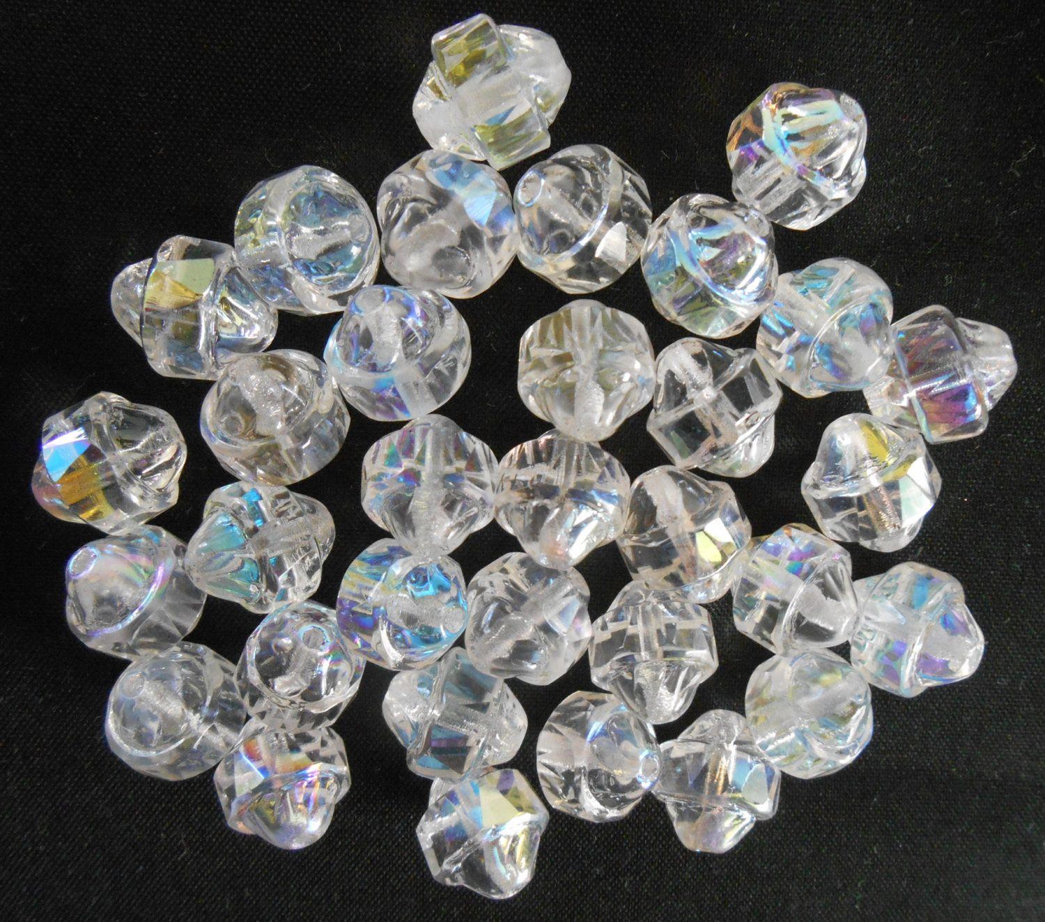 Ten Czech white iridescent Crystal AB antique cut turbine, cathedral, saturn beads, 11 x 10mm, C0101 - Glorious Glass Beads
